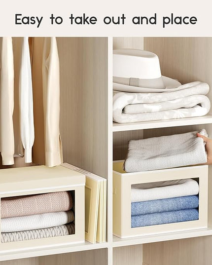 Collapsible Storage Bins with Lids - Stackable Storage Containers with Window, 6 Pack Fabric Organizing Bins for Closet, Home & Office Organization Baskets, Beige, 14.9" x 9.8" x 9.8"