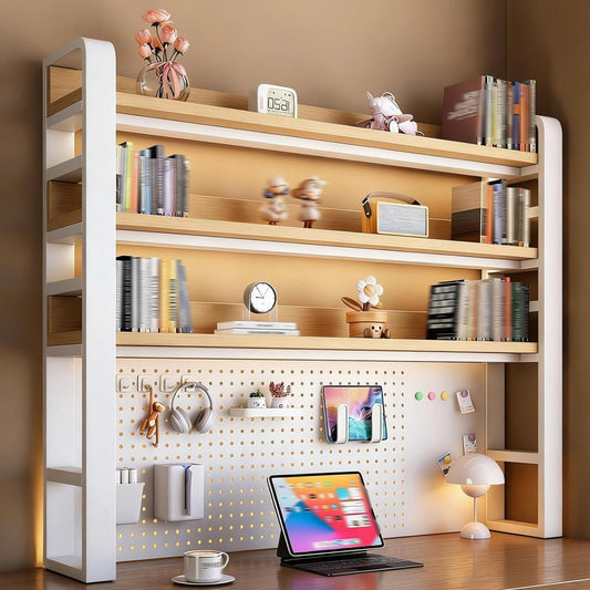2/3/4 Tier Desktop Bookshelf with Pegboard and Storage Parts, Metal Desktop Organizer Hutch, Desk Shelves for Top of Desk, Shelf Organizer Display Rack for Dorm Home(White+Wood,4-tier L53.1in)