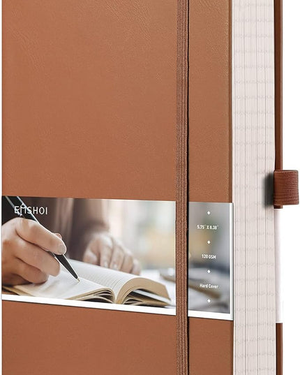 EMSHOI Lined Journal Notebook, 120 gsm Leather Hardcover with Sticky Notes & 256 Numbered A5 Pages – College Ruled Notebook for Writing, Work, School, Men, Women | 5.75”x8.38” – Brown
