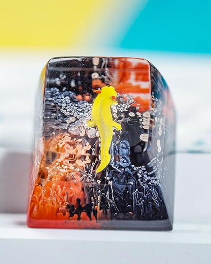 Yellow Axolotl in Red Black Ocean Coral Artisan Keycap R1 SA Profile Custom Animal Keycaps 1U ESC Handmade Gaming Resin Key Cap Cherry MX Switch Compatible Mechanical Keyboard Axolotl Lover Gift
