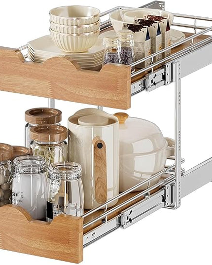 OCG Pull Out Cabinet Organizer 11" W x 21" D, 2 Tier Slide Out Shelf, Heavy-Duty Pull Out Drawer for Cabinets, Base Cabinet Organization for Kitchen, Pantry, Bathroom