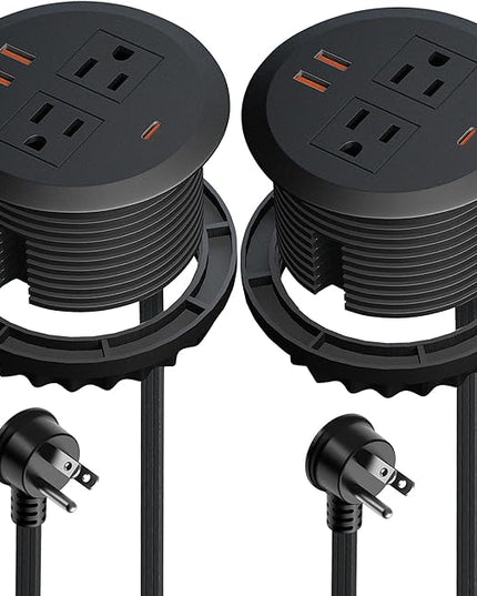 2pcs 3 Inch Desktop Power Grommet,GaN 65W USB C High-Speed Charging Station,3-USB Port,Flush Mounted for 3-1/8" Round Holes,Flat Plug.Desk Grommet Outlet for Workspace,Laptops,6.3ft,Black