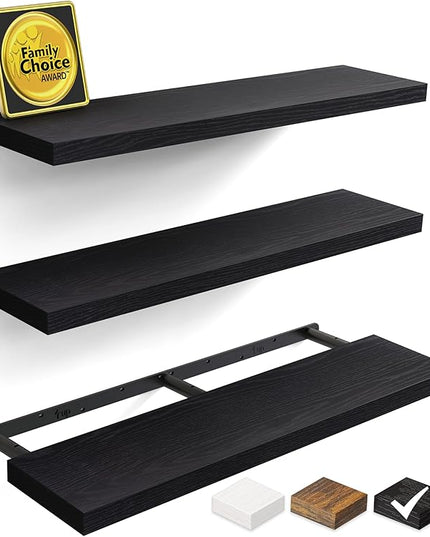 BAYKA Floating Shelves for Wall, 36 inches Long Wall Mounted Rustic Wood Shelves for Bathroom, Bedroom, Living Room, for Book/Storage/Decor with 30lbs Capacity - Black,Set of 3