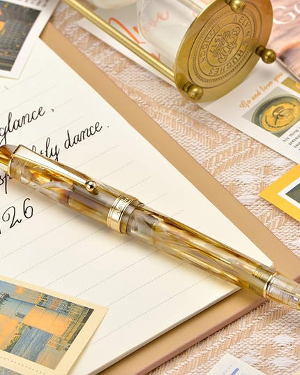 Asvine V126 Vacuum Filling Fountain Pen, Brown Swirl Acrylic Stub Nib 1.1mm Calligraphy Art Drawing with Case Set