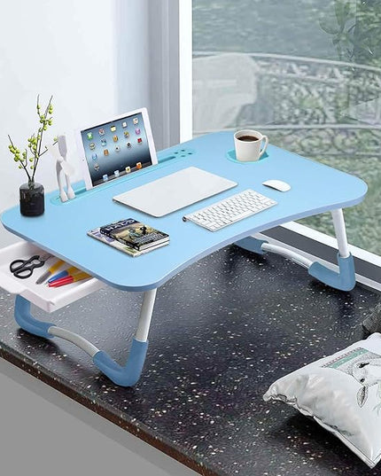 Slendor Lap Desk with Tablet Slot, Foldable Laptop Table with Storage Drawer for Bed，Portable Bed Desk for Laptop, Computer Tray with Cup Holder Notebook Stand Reading Holder for Couch Floor, Blue
