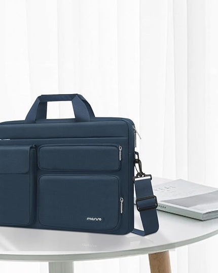 MOSISO Laptop Shoulder Bag 15.6 inch, 15-15.6 inch Computer Bag Compatible with MacBook Pro 16 inch, HP, Dell, Lenovo, Notebook with 2 Raised&1 Flapover&1 Horizontal Pocket&Handle&Belt, Haze Blue