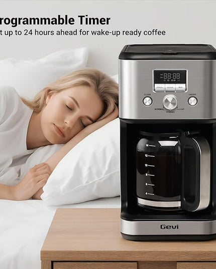 Gevi 14-Cup Programmable Coffee Maker, Drip Coffee Machine with Normal & Strong Brew for Home and Office, Glass Carafe, 2-Hour Keep Warm, Pause & Serve, Auto Shut Off, Silver