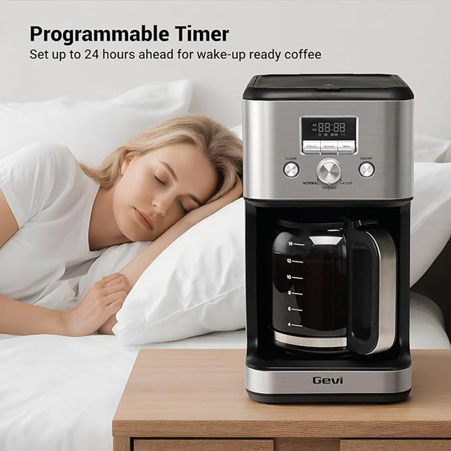Gevi 14-Cup Programmable Coffee Maker, Drip Coffee Machine with Normal & Strong Brew for Home and Office, Glass Carafe, 2-Hour Keep Warm, Pause & Serve, Auto Shut Off, Silver
