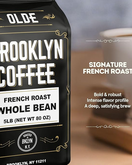 BROOKLYN COFFEE Whole Bean, French Dark Roast (5lb) Silky Smooth, Bold, Balanced - Fresh Bulk Coffee Beans Roasted Weekly in NYC