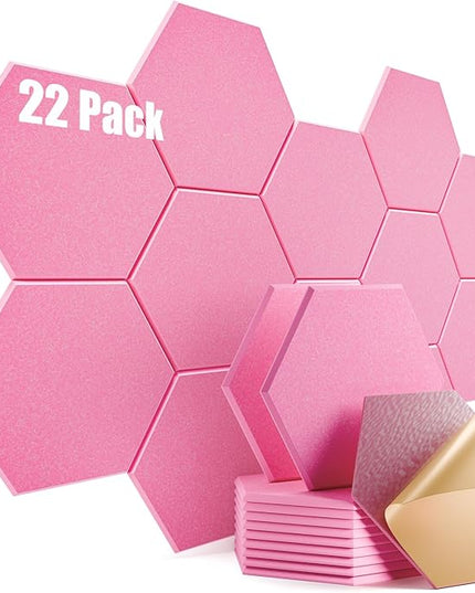 22 Pack Self-Adhesive Acoustic Panels 12" X 10" X 0.4" - Sound Proof Foam Panels for Wall, Hexagonal Design, Flame Resistant, Absorb Noise and Eliminate Echoes(Pink)