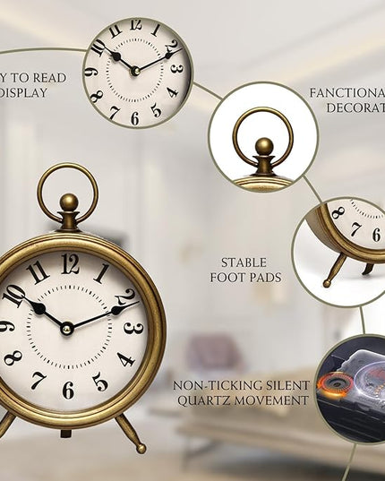 MACVAD Vintage Table Clock on Stand, Decorative Desk and Shelf Clock Farmhouse Mantel Non-Ticking Clock Rustic Metal Frame with Antique Gold Finish