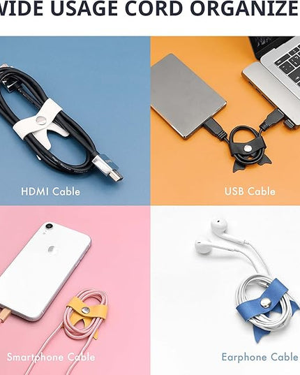 SenseAGE 5 Pack Cord Organizer, Bow Cord Keeper, Cable Organizer USB Holder, Leather Cable Management, Cable Straps, Earphone Winder, Storage Straps for Electronics, Earbuds, Small, Random Blue