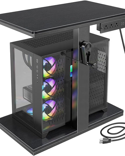 Height Adjustable Computer Tower Stand with Wheels and Charging Station,2-Tier PC Stand for Floor or Carpet,PC Holder Under Desk for ATX-Case,Office,Home,Gaming Room (Black)