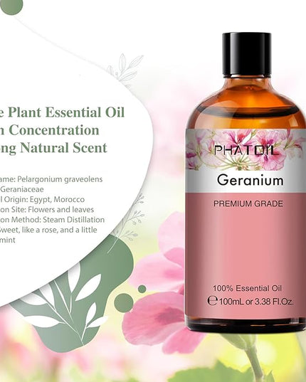 Geranium 3.38fl.oz Essential Oil, PHATOIL Aromatherapy Essential Oils for Diffuser, Humidifier, Perfect for DIY Soap, Candle, Bath Bombs Making(100ml)
