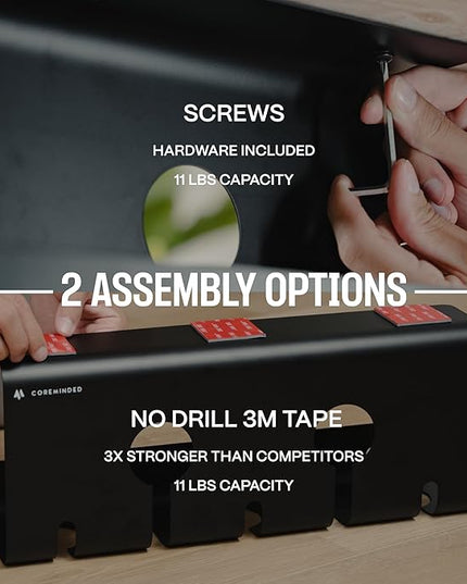 No-Drill Under Desk Cable Management Tray - 2-Pack Wire Organizer for Standing Desk - Cord Management System with Power Strip Holder - L