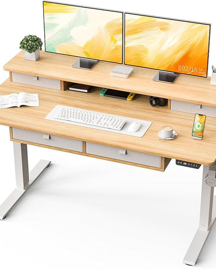 Kingant Standing Desk with Drawers & USB Charging Port, 55" x 30" Height Adjustable Home Office & Gaming Desk, Sit Stand Desk with Built-in Storage Shelf, Hook & Ergonomic Design(Maple)