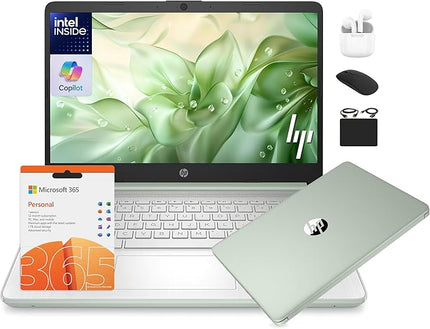 HP 14 Laptop Student Business 2025 Flagship Computer, AI Copilot, 4-Core 13th Gen Intel CPU, 16GB RAM 628GB Storage (128GB UFS+ 500GB Ext), 1-Yr Office 365, Long Battery HubxcelAccessory Win 11S Green