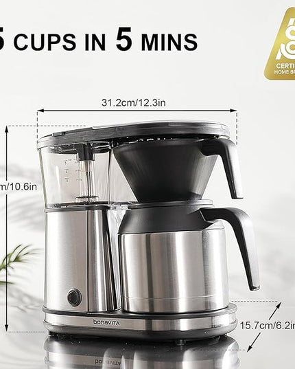 Bonavita 5 Cup Drip Coffee Maker Machine, One-Touch Pour Over, Auto Pause Brewing with Stainless Steel Double Wall Thermal Carafe, SCA Certified, Dishwasher Safe, BV1500TS