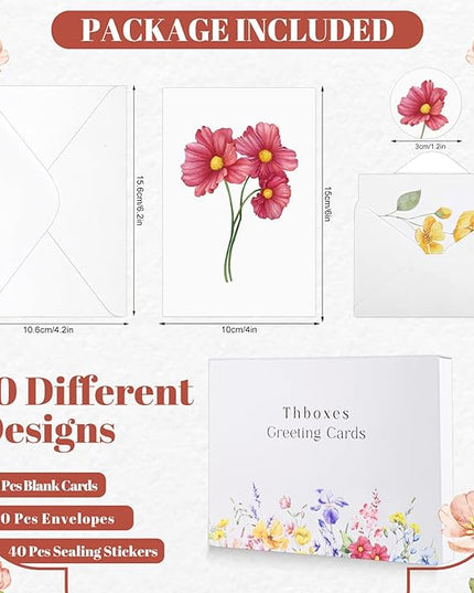 Blank Cards and Envelopes, 40 Pack Blank Cards 4x6 Inches (10 Floral Designs), Elegant Blank Greeting Card, Blank Note Cards with Sealing Stickers for Birthdays, Weddings, Most Other Occasions