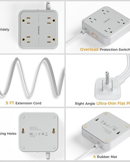 Surge Protector Power Strip, TESSAN 5 ft Extension Cord Flat Plug with 4 Widely Outlets, Indoor Desk Charging Station with Surge Protection for Home, Office Supplies, Dorm Room Essentials