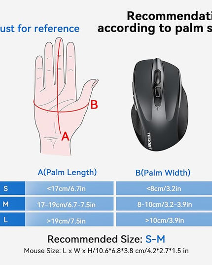 TECKNET Wireless Mouse (BT5.0/3.0 & 2.4G) Rechargeable 4800 DPI Silent USB A & Bluetooth Mouse 6 Buttons, Wide Compatibility - Grey