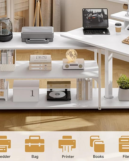 ONBRILL L Shaped Standing Desk with File Cabinet, 63x24'' Electric Stand Up Desk with Monitor and Storage Shelf, Adjustable Height 28-46'' for Home and Computer Workstation, White