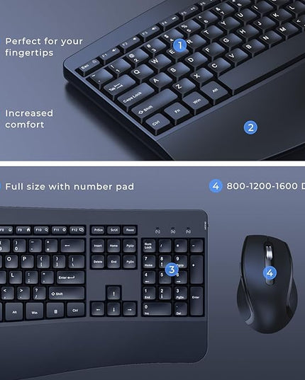 Ergonomic Keyboard and Mouse Combo, Full Size Cordless Computer Keyboard with Palm Wrist Rest Ergonomic Mouse for Windows Computers Laptops - Black