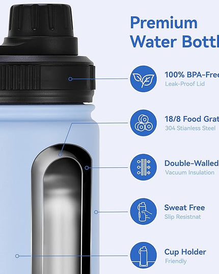 DOMICARE 16 oz Kids Water Bottle for School Stainless Steel Double Wall Vacuum Insulated Water Bottle with Straw lids & Spout Lid, Leakproof BPA Free (Light Blue,4)