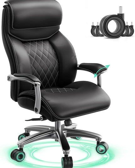 Big and Tall Office Chair with Wide Area Armrest, 600lbs Heavy Duty Desk Chair with Adjustable Lumbar Support, PU Leather High Back Ergonomic Executive Computer Chair with 3'' Silent Casters