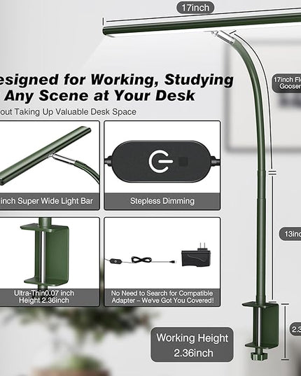 LED Desk Lamp for Office Home, Eye-Caring Desk Light with Stepless Dimming Adjustable Flexible Gooseneck, 10W USB Adapter Desk Lamp with Clamp for Reading, Study, Workbench (Green)