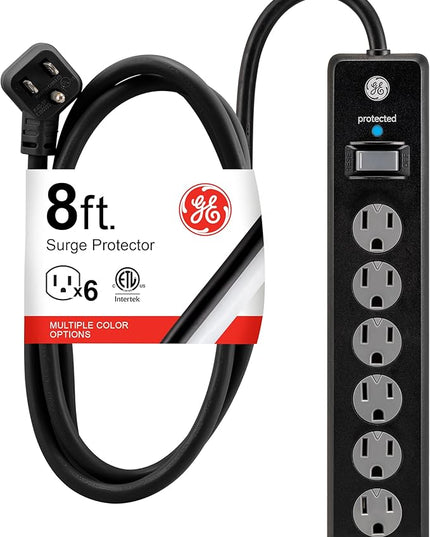 GE Surge Protector Power Strip, 8 Ft Extension Cord, 6 Outlet Extender, 1300 Joules, Flat Plug, Twist-to-Close Safety Covers, ETL Listed, Black, 33662
