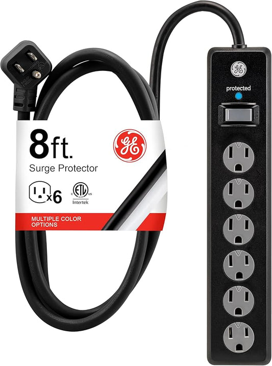 GE Surge Protector Power Strip, 8 Ft Extension Cord, 6 Outlet Extender, 1300 Joules, Flat Plug, Twist-to-Close Safety Covers, ETL Listed, Black, 33662