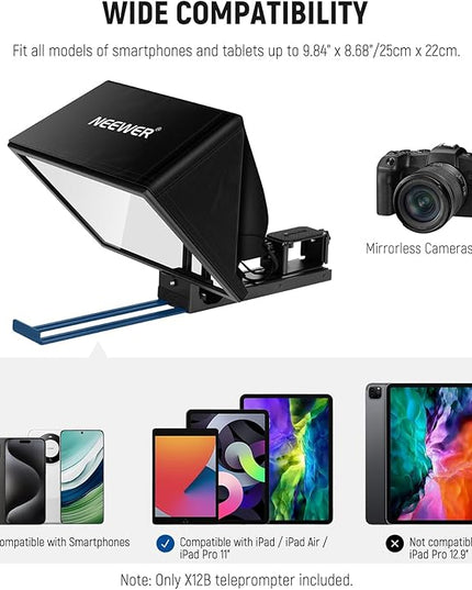 NEEWER Basics X12B Aluminum Alloy Teleprompter 12" for iPad Tablet DSLR Camera, Bluetooth, No Assembly, Remote & App Control, Compatible with iOS Android, Black, for Streaming