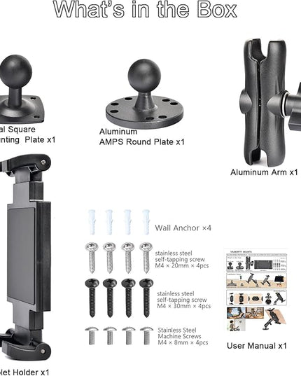 VAUBORTTI Heavy-Duty Tablet Mount, Aluminum Arm, Screw-Locked Holder, Industrial AMPS Base – Fits RAM B Size – Truck, Car, RV Dash, Desk, Wall Mount – 7–12.9" iPad Pro, Air, Mini, Galaxy Tab Holder