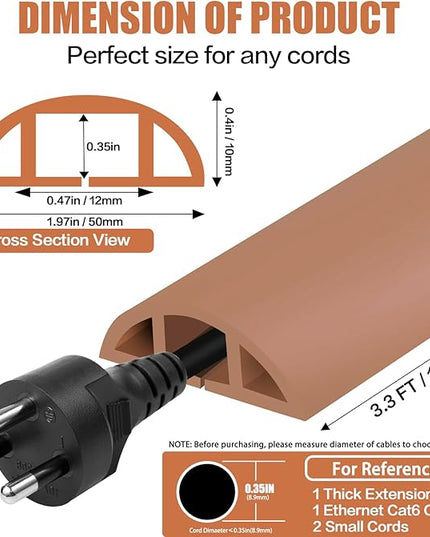 Floor Cord Cover Self Adhesive Cord Hider,3.3FT Cable Management, Extension Strip Protector for Wires, Prevent Cable Trips for Offices, Gyms, Exhibitions Cavity:0.47"(W) x 0.35"(H) Brown