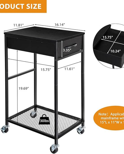 YBING PC Stand 2 Tier Computer Tower Stand with Drawer Mobile Computer Cart with Storage Metal CPU Holder on Wheels Pc Tower Stand Black Rolling Computer Tower Stand Floor for Office