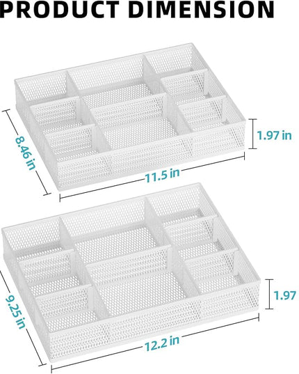 Marbrasse 2 Pack Desk Drawer Organizer, Mesh Drawer Organizer Tray with 8 Adjustable Compartments, Desk Organizers and Accessories, 5 Dividers for Office Supplies, Makeup & Vanity (White)