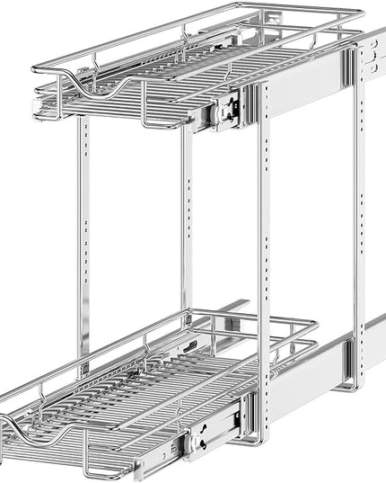 OCG 2 Tier Pull Out Cabinet Organizer (7.5" W x 21.5" D), Pull Out Drawers for Kitchen Cabinets, Pull Out Shelves for Base Cabinet Organization in Kitchen Bathroom Pantry, Chrome Finish