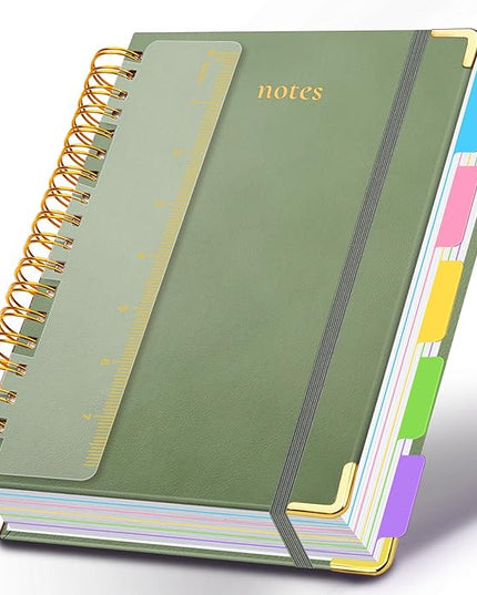 Hardcover Spiral Notebook 5.7"x 8.2" Journal Notebook with Tabs and Removable Dividers 300 Pages 5 Subject Notebook College Ruled, Faux Leather Spiral Bound Notebook for Women School Work (Sage Green)
