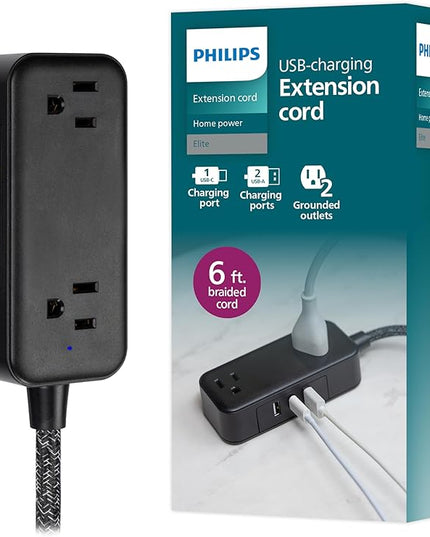 Philips 2-Outlet Extension Cord, 1 USB-C, 2 Type-A Ports, Braided Extension Cord with Multiple Outlets, Flat Plug Power Strip, Power Strip with USB Ports, ETL Listed, Black, SPS3564B/37