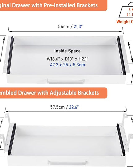 OSteed Under Desk Drawer Organizer 21" White Upgrade with Adjustable Brackets, Sliding Pull-Out Under Table Pencil Drawer, Office Standing Desk Attachment for Workbench