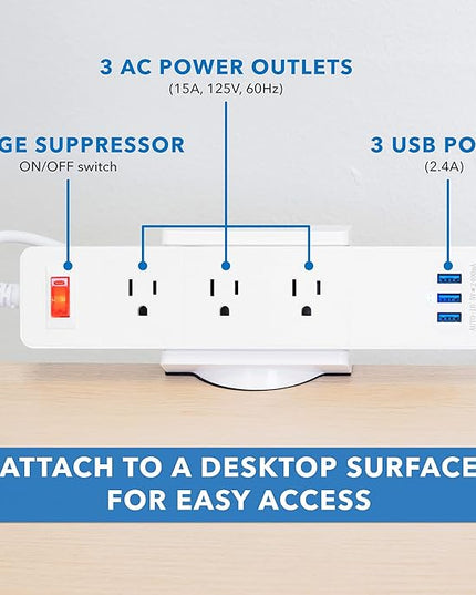 Mount-It! Power Strip Holder Clamp Desk Mount with Included Surge Protector | White Desktop Power Outlet with 3 USB Ports and 3 AC Power Outlets | Adjustable Power Strip Clamp Mount