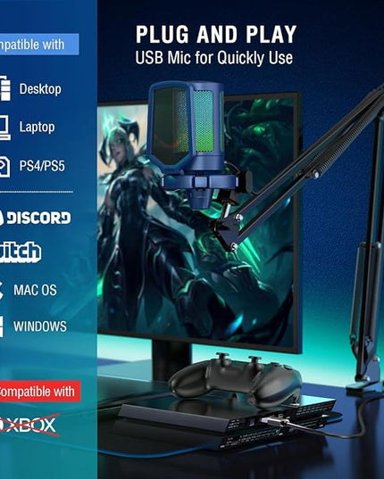 FIFINE USB Gaming Streaming Recording PC Microphone Kit, RGB Condenser Computer Mic Bundle for Podcasts, Audio, Vocal, Video on Mac/Desktop/Laptop, with Boom Arm Stand-A6T Blue