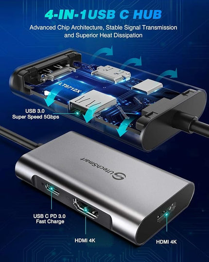 UtechSmart HDMI to USB C Adapter, 4-in-1 USB C Hub, Dual HDMI Adapter with 4K, USB C to USB Adapter for MacBook Pro Air, Dell, HP, Microsoft, Chromebook, Lenovo, iPhone 16 (100W PD USB 3.0)