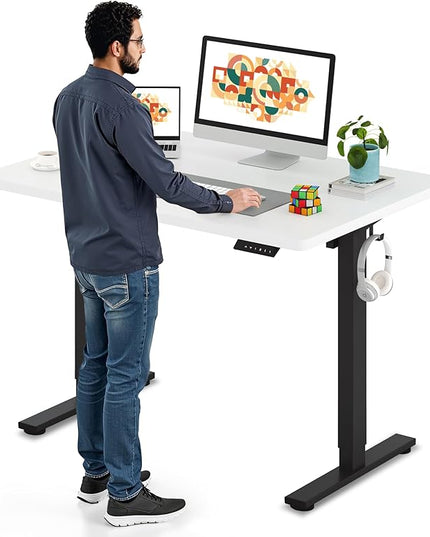 SANODESK Electric Standing Desk 48 x 30 Inches Whole-Piece Desktop Height Adjustable Stand Up Desk w/6-Button Controller Ergonomic Computer Desk for Home Office, Black Frame + White Tabletop