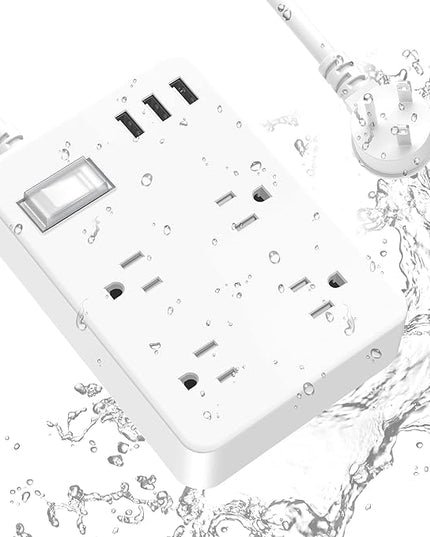 Jgstkcity Outdoor Waterproof Power Strip, 4 Flat Plug Outlets and 3 USB Ports, Mountable Weatherproof Surge Protector, Multi Outlet Extension for Camping, Garden, Kitchen, Bathroom, 6ft Cord (White)