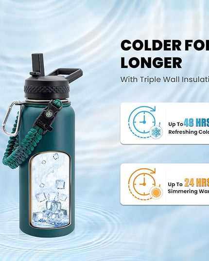 Insulated Water Bottle 32 oz, Triple Wall Vacuum Stainless Steel (Cold for 48 Hrs), Leak Proof & Non-BPA, Modern Water Flask Jug with Paracord Handle & Straw Spout Lids, Dark Green