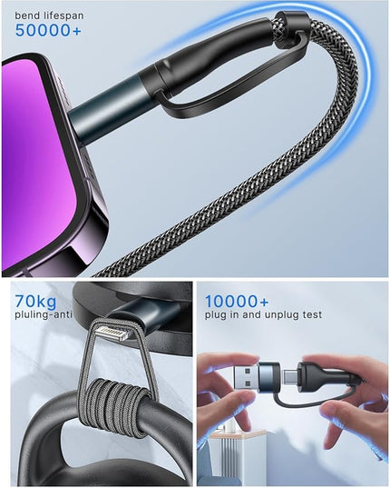 XUDUO 4-in-1 USB C Cable Lightning Cable 60W [Fast Charging & Data Sync] 6FT Multi IP-ad Charger Cable Charging Cord Lightning/Type C/USB A Ports for iPhone 16/15/15 Pro/15 Plus/15 14 Pro Max