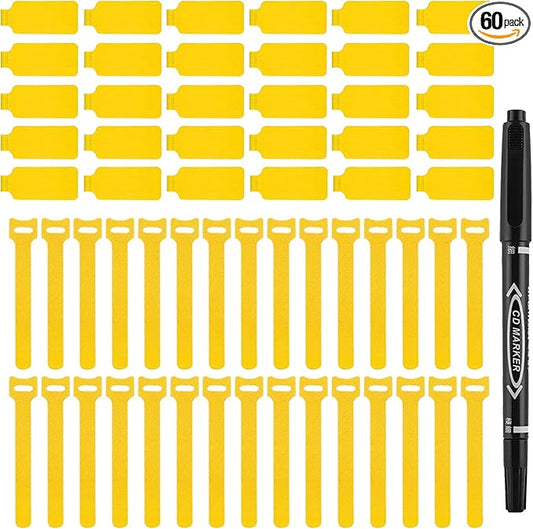60 Pcs Reusable Cable Labels & Hook and Loop Cord Ties – 30 Wire Labels + 30 Cable Tags for Electronics, Home Office Cord Management, Residue-Free, Quick-Drying Marker Included