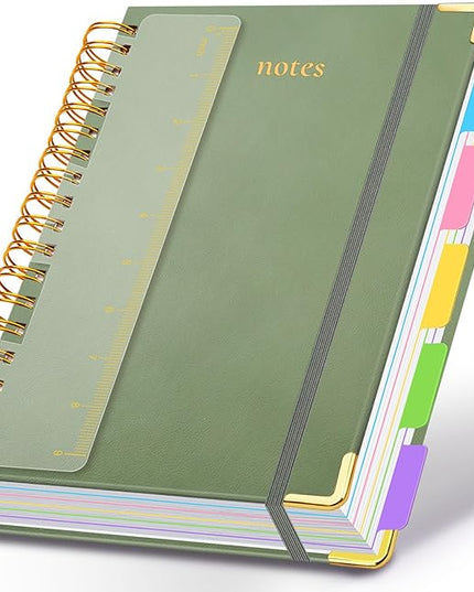 Hardcover Spiral Notebook 8"x10" Journal Notebook with Tabs and Removable Dividers 300 Pages 5 Subject Notebook College Ruled, Faux Leather Spiral Bound Notebook for Women School Work (Sage Green)